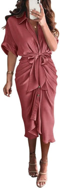 Ruched Satin Button Down Shirt Dress - Flattering Summer Maxi