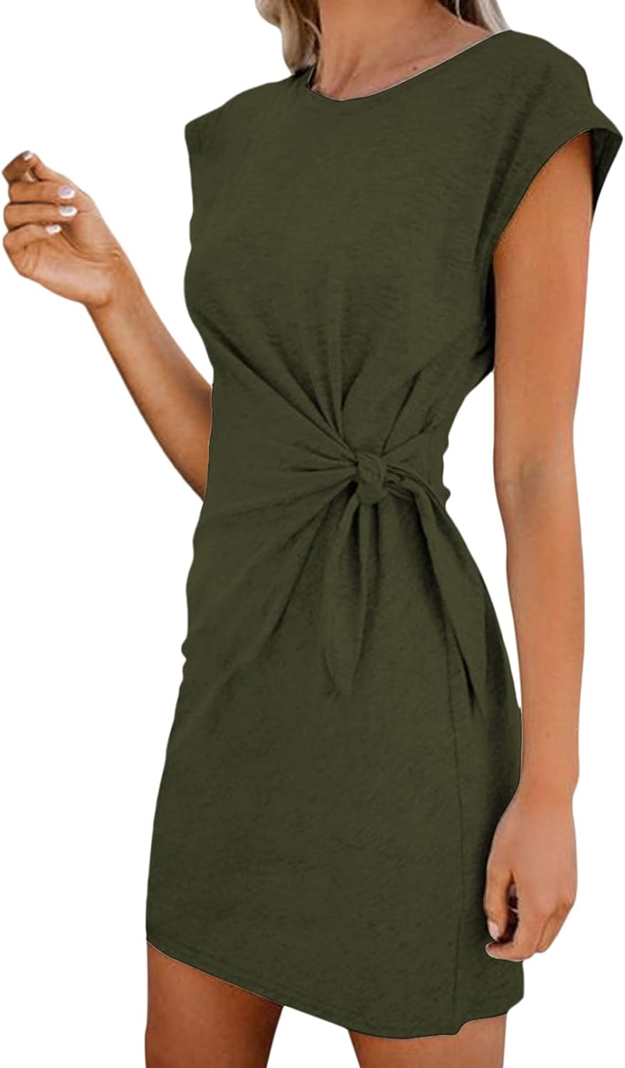 LaSuiveur Womens Casual Bodycon Tie Waist Cap Sleeve Dress