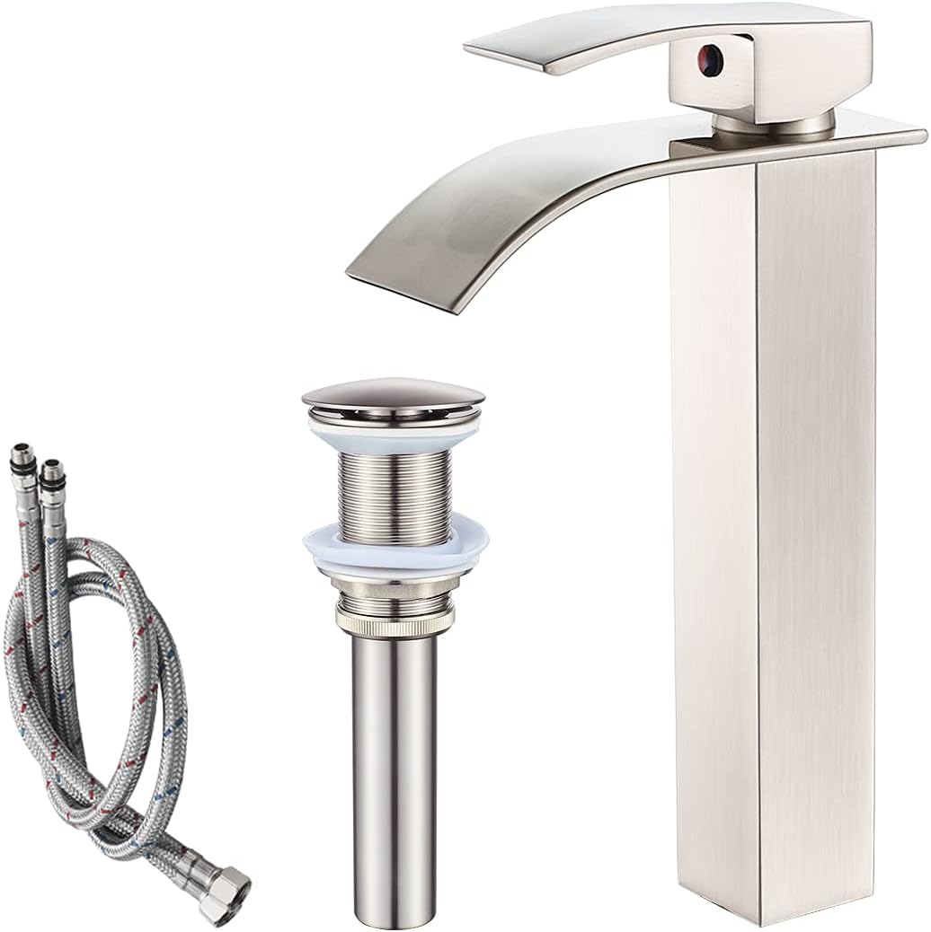 VOTON Vessel Sink Faucet Brushed Nickel Modern Tall Waterfall Design