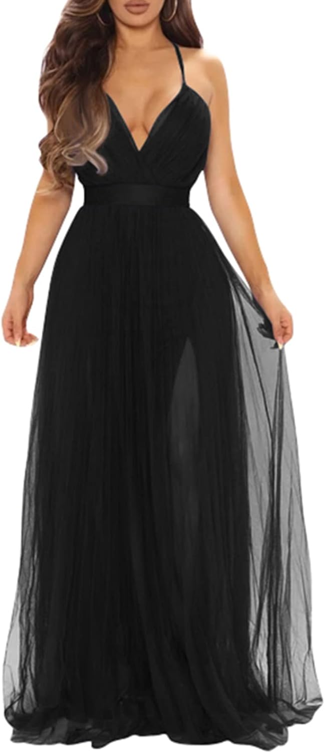 XXTAXN Women's Sexy Deep V Neck Split Maxi Dress for Parties