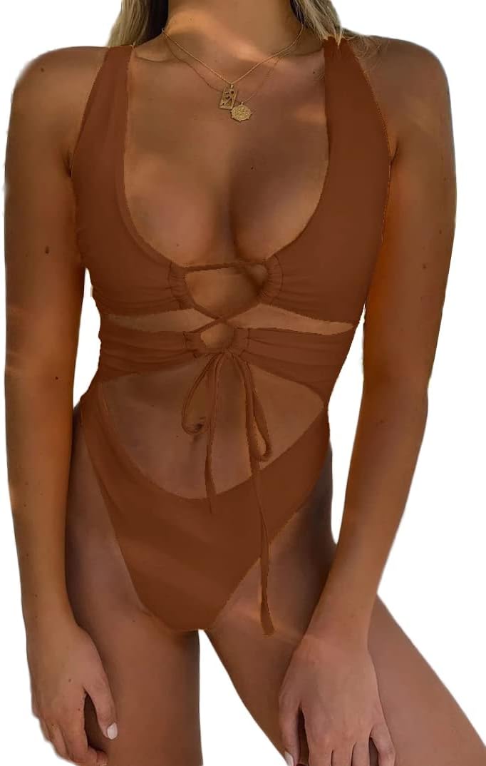 CHYRII Women's Sexy Cutout Lace Up Backless Monokini Swimsuit