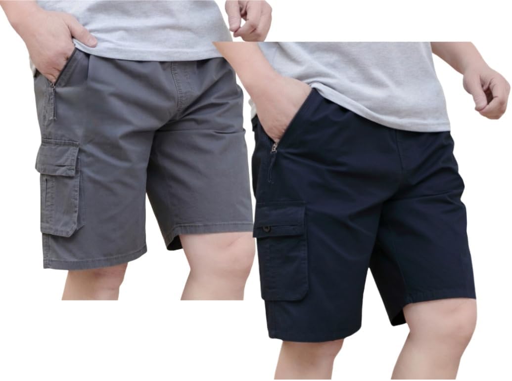 Men's Casual Twill Cargo Shorts with Elastic Waist and Pockets
