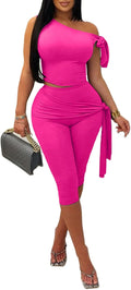 Women's 2 Piece One Shoulder Crop Top and Capri Pants Set - Sexy Fit