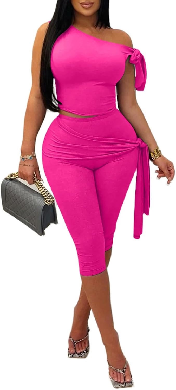 Stylish Women's 2 Piece Outfits with Sexy One Shoulder Design