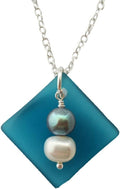 Balance of Life Curved Teal Sea Glass Necklace - Hawaiian Pearl Accent