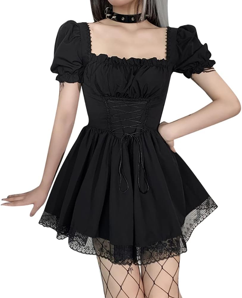 IKADEX Women Gothic Dress Vintage Lace Grunge Punk Style
