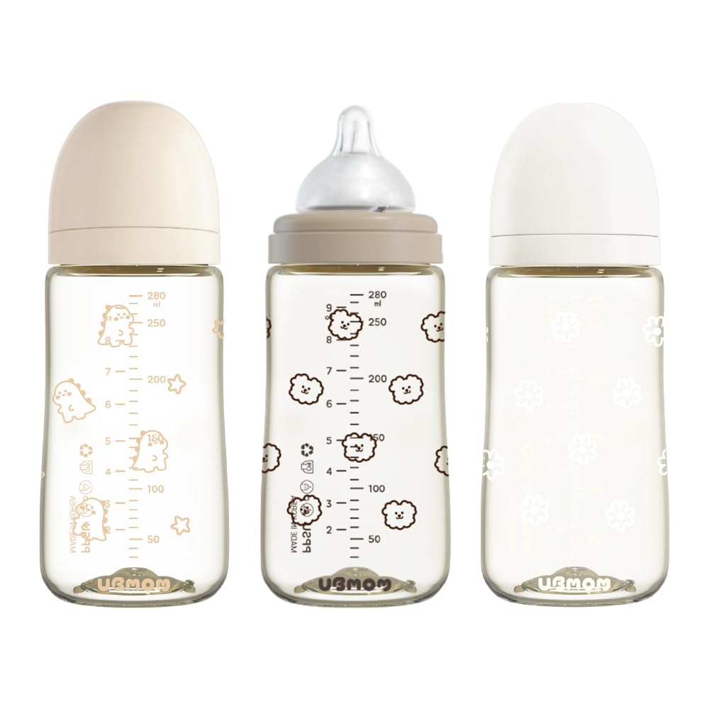 UBMOM PPSU Baby Bottles 280ml 3pcs Set - Anti-Colic Wide-Neck for Easy Feeding