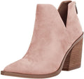 Womens Pointed Toe Stacked Mid Heel Ankle Boots - V Cut Zipper FISACE