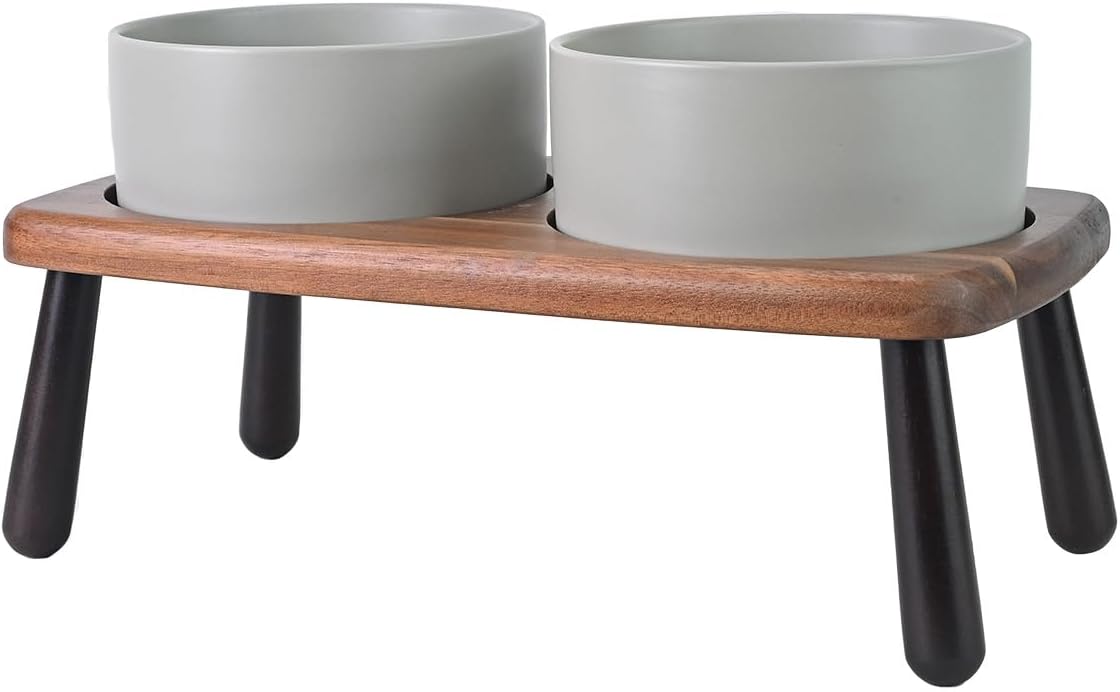 Ceramic Elevated Dog Bowls Set with Acacia Bamboo Stand