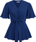 V Neck Peplum Tops Tie Front Bell Sleeve Blouse - Flattering Office