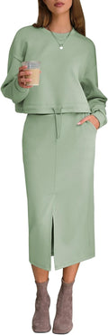 Womens 2 Piece Midi Skirt Lounge Set - Drawstring Sweatshirt
