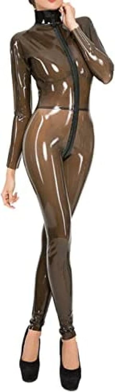 Latex Catsuit Front Zip Rubber Body Transparent Black Jumpsuit