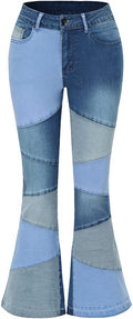 THUNDER STAR Women Patchwork Flare Jeans High Waisted Bell Bottom can