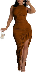 BEAGIMEG Women's Sexy Ruched Sleeveless Asymmetrical Dress