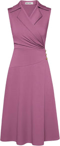 Women's Notch Lapel Ruched Wrap V Neck Midi Dress - Work Ready