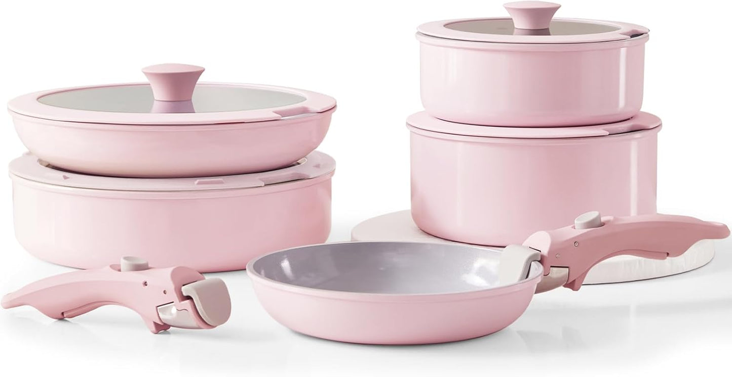 Pink Non Stick Pot and Pan Sets with Removable Handle for Easy Cooking