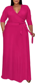 Runwind Plus Size V Neck Maxi Dress for Women - Flowy 3/4 Sleeve curvy