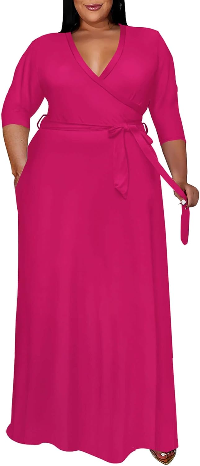Plus Size V Neck Maxi Dress for Women - Elegant Casual Wear
