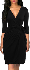 Berydress Women's Classic 3/4 Sleeve V Neck Faux Wrap Dress Less