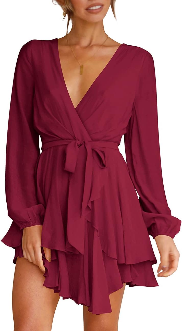 Cosonsen Women's Deep V-Neck Long Sleeve Mini Swing Dress