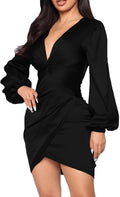 Womens Sexy Ruffle Midi Dress - Elegant Curvy Satin Wrap V-Neck