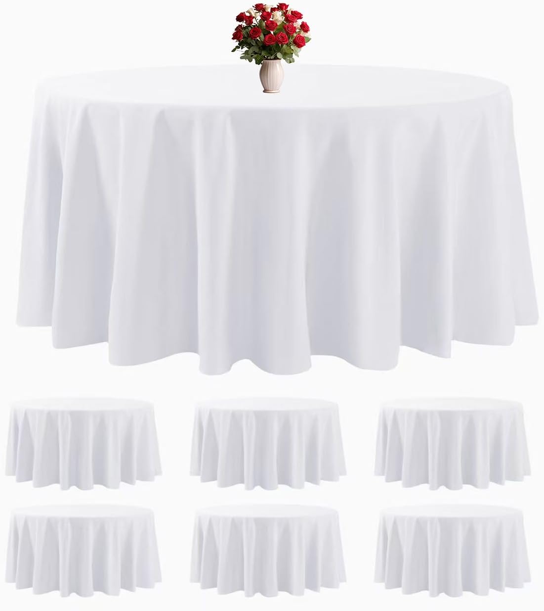 6 Pack White Round Tablecloths for Weddings and Parties