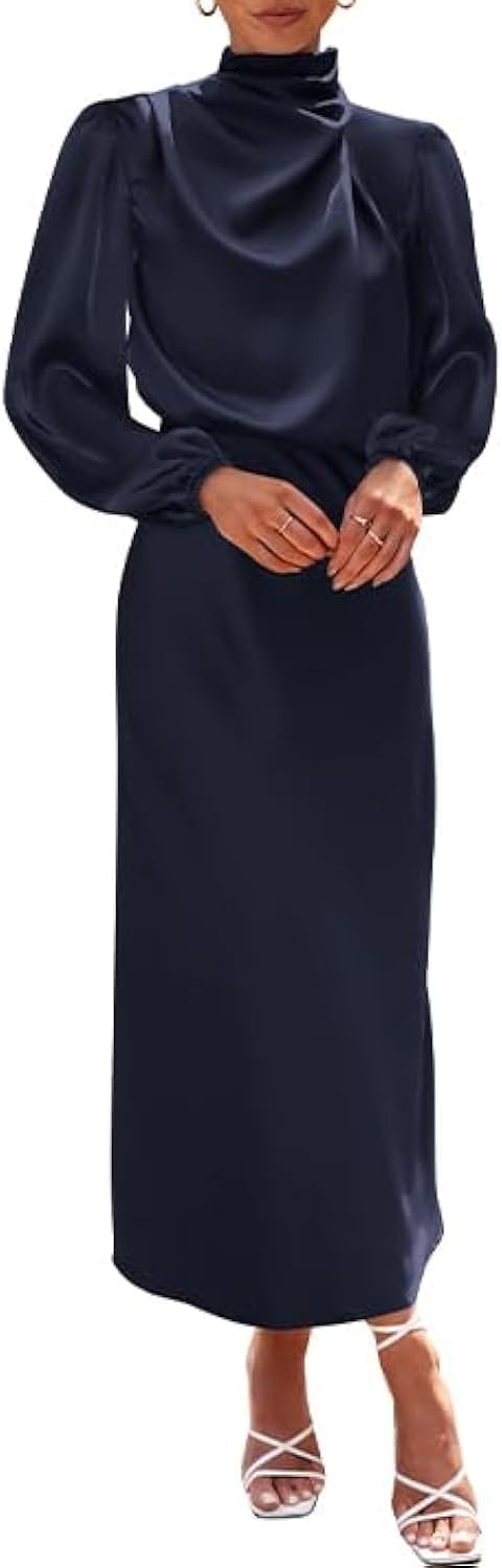BTFBM Womens Mock Neck Satin Dress for Elegant Occasions