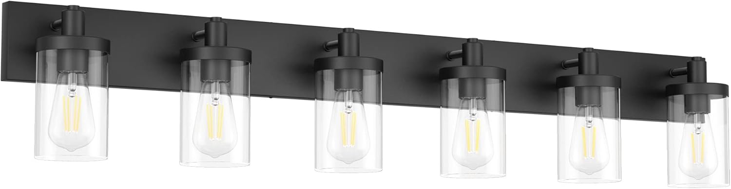 48in Black Bathroom Vanity Light Fixture with Clear Glass Shades