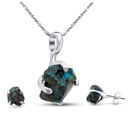 Real Raw Chrysocolla Jewelry Set with 925 Sterling Silver Gift
