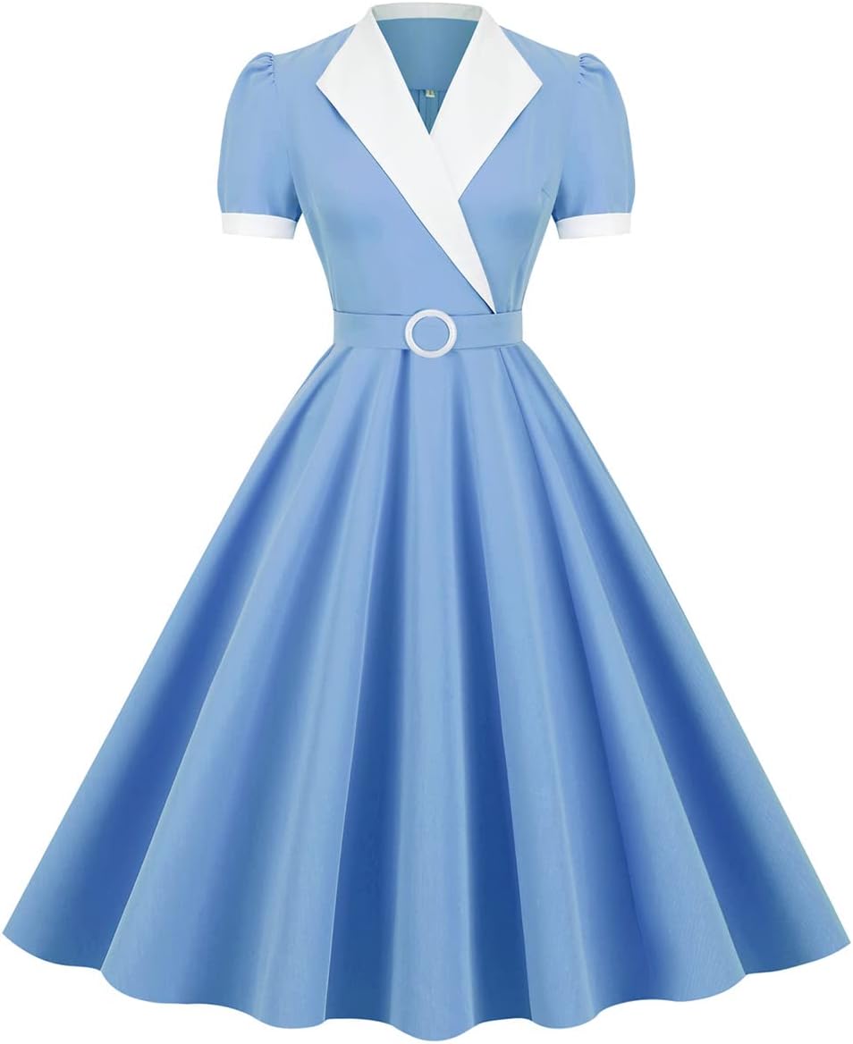 Women Vintage 1950s Retro Cocktail Party Swing Dress with Belt