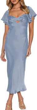 Summer Satin Flutter Sleeve Wedding Guest Midi Dress - Sweetheart hats