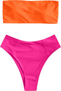 High Cut Bandeau Bikini Set Strapless Solid Color - Flattering Fit As