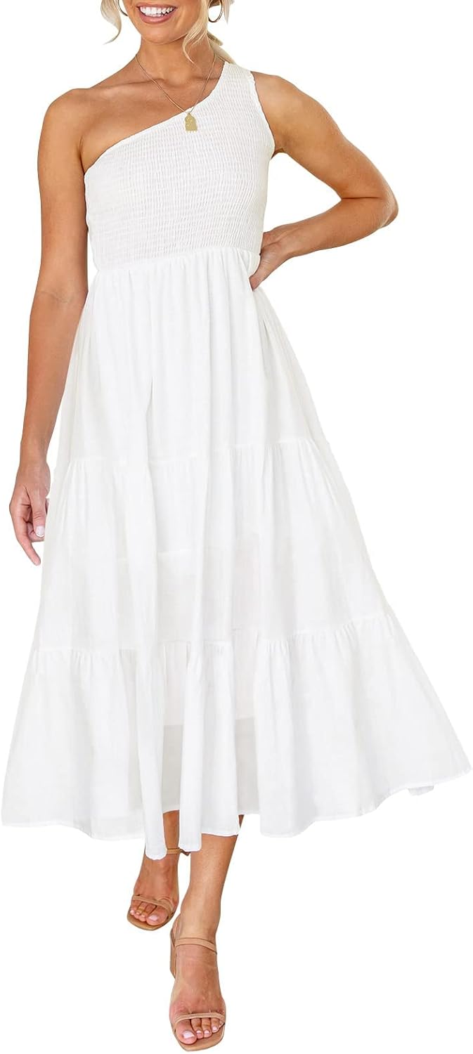 ZESICA Women's Bohemian Floral Print One Shoulder Midi Dress