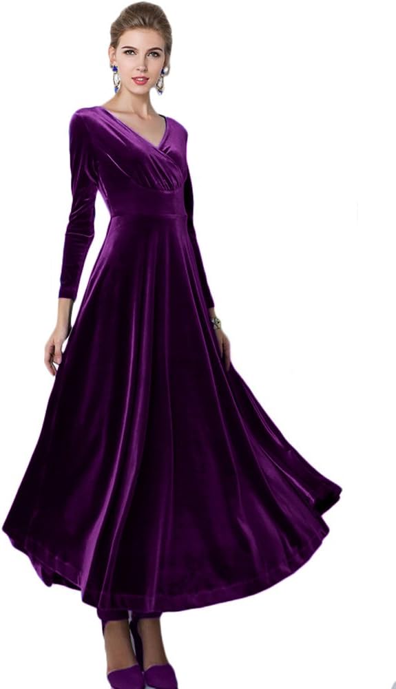 Urban CoCo Women Long Sleeve V-Neck Velvet Stretchy Dress