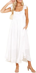 R.Vivimos Summer Dress Sleeveless Boho Ruffle Square Neck Tie Back be
