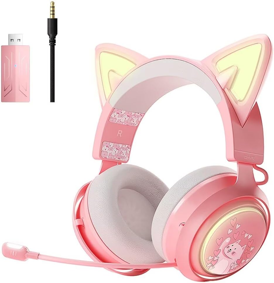SOMIC Wireless Cat Ear Headset: 7.1 Surround Sound, RGB Lights, 10Hrs Playtime