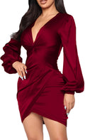 Womens Sexy Ruffle Elegant Curvy Midi Dress - Satin Ruched V Neck