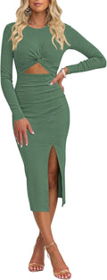 Pink Queen Crew Neck Long Sleeve Midi Cutout Twist Front Dress Women's