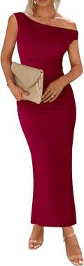 Women One Shoulder Bodycon Ruched Maxi Dress - Stretchy Mesh Fit