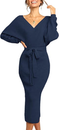 Long Maxi Sweater Dress with Wrap V Neck and Belt - Flattering Fit Out