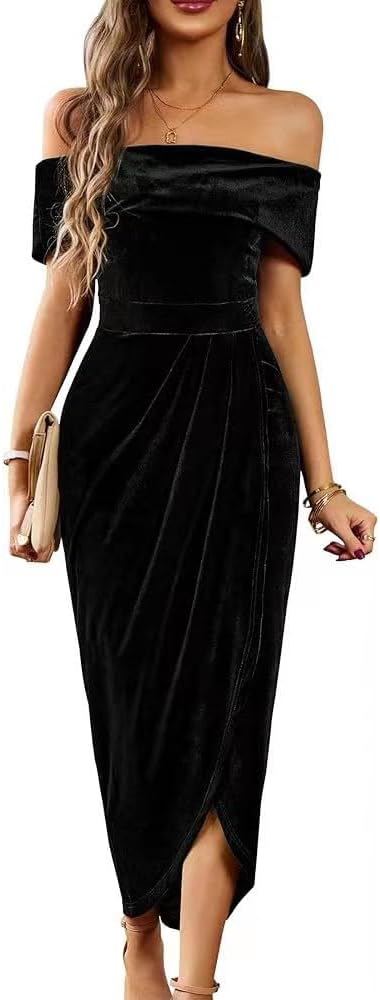 Off The Shoulder Vintage Velvet Bodycon Midi Dress for Women
