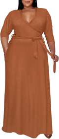 Runwind Plus Size V Neck Maxi Dress for Women - Flowy Belted Fit busty