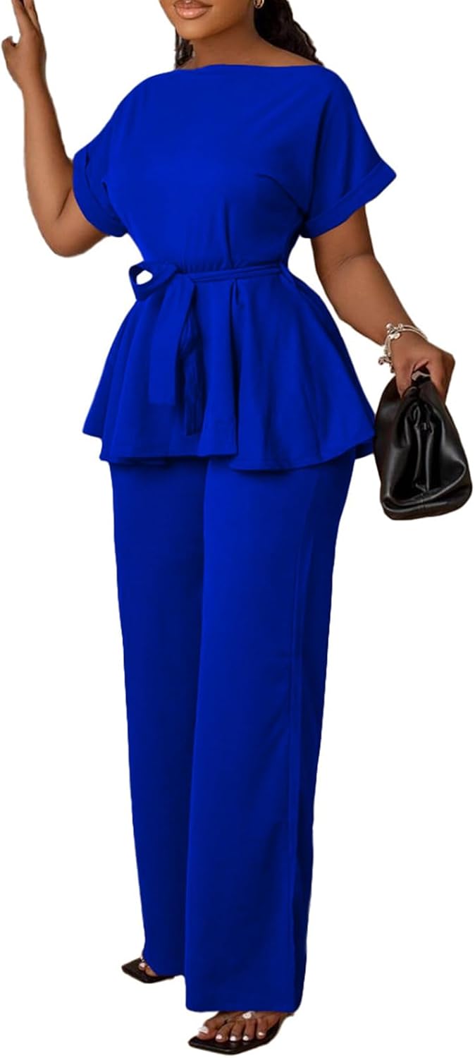 Women's 2 Piece Outfits Suit Set with Peplum Top and Flared Pants
