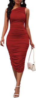 Women's Sexy One Shoulder Ruched Bodycon Midi Dress - Slim Fit