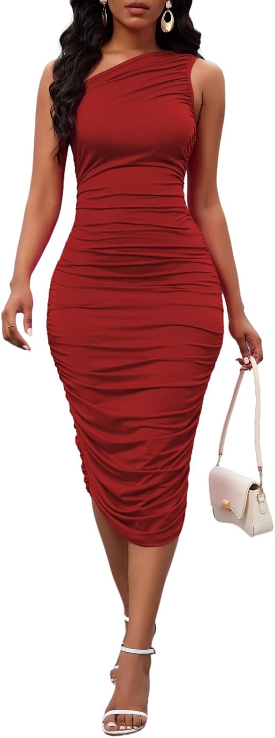 Women's Sexy One Shoulder Midi Dress for Parties and Weddings