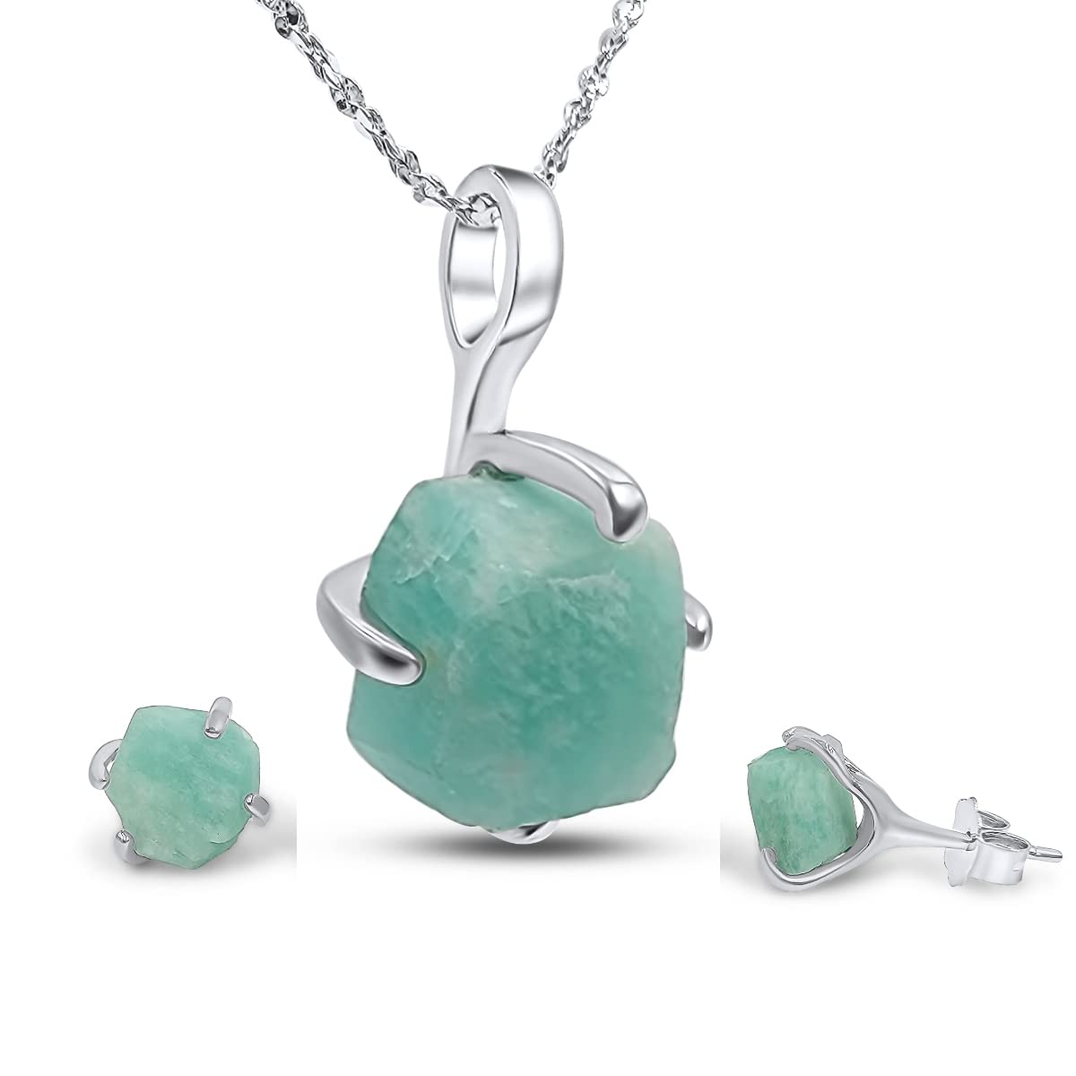 Real Raw Amazonite Jewelry Set with 925 Sterling Silver Gift