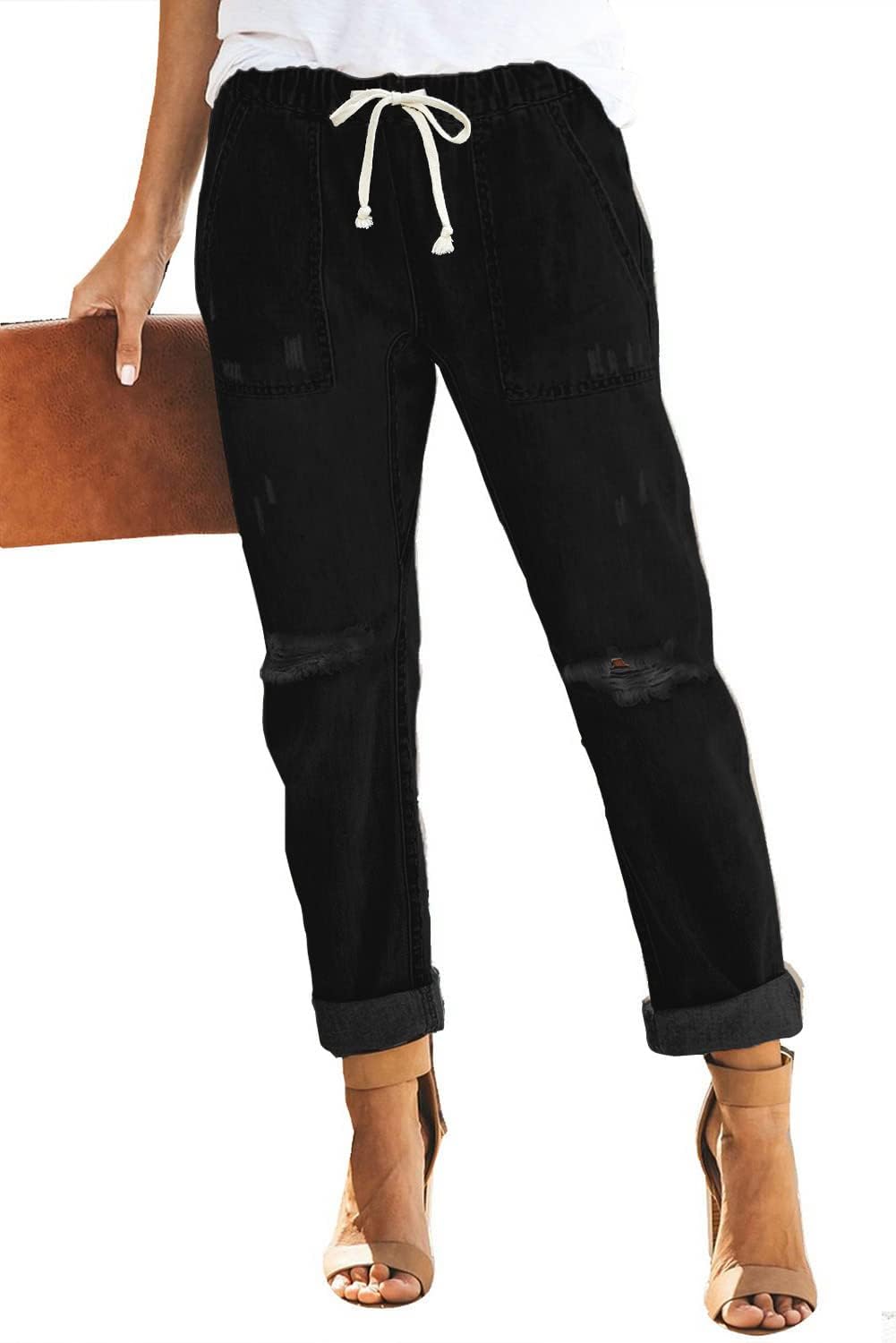Womens Casual Pull-on Distressed Stretch Jeans for Comfort