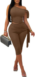 Women's 2 Piece One Shoulder Crop Top and Capri Pants