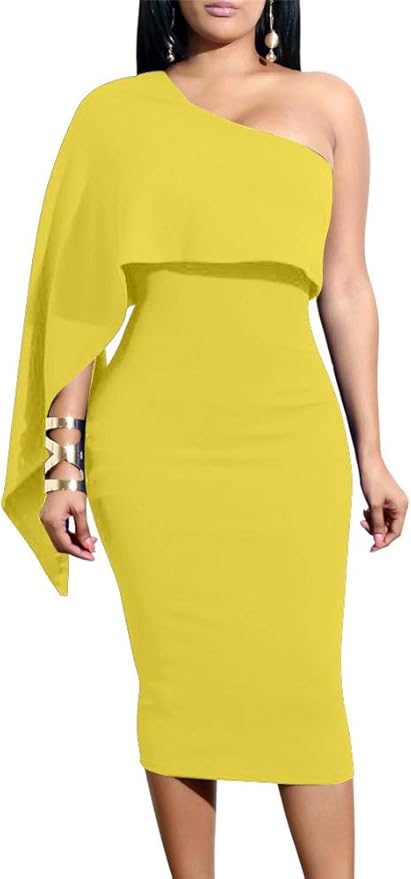 GOBLES Women's Summer One Shoulder Ruffle Bodycon Midi Dress