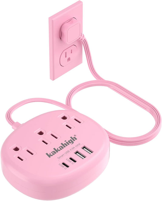 Compact Pink Surge Protector with 3 Outlets/4 USB